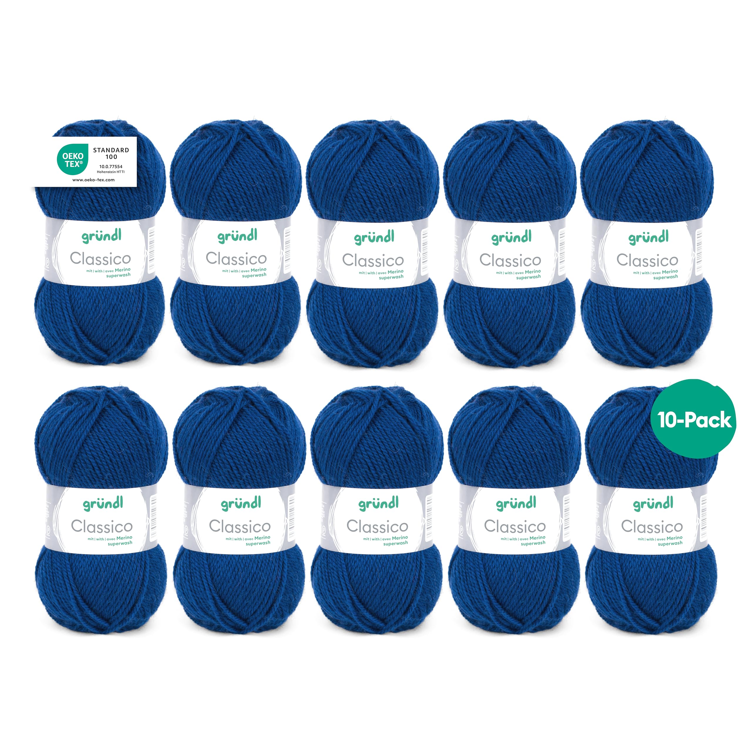Gründl Classico Wolle (Oeko-TEX® Certified Knitting/Crochet Yarn Made of 50% Pure New Wool (Merino Superwash) & 50% polyacrylic, 50 g/120 m, Needle Size: 3.5-4.5, 10 Balls á 50 g), Navy