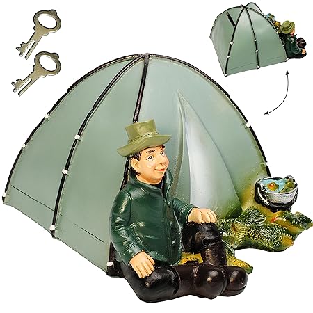 alles-meine.de GmbH große Spardose - lustiger Angler / Fischer - mit Zelt & Fisch - stabile Sparbüchse - mit Schlüssel & Schl