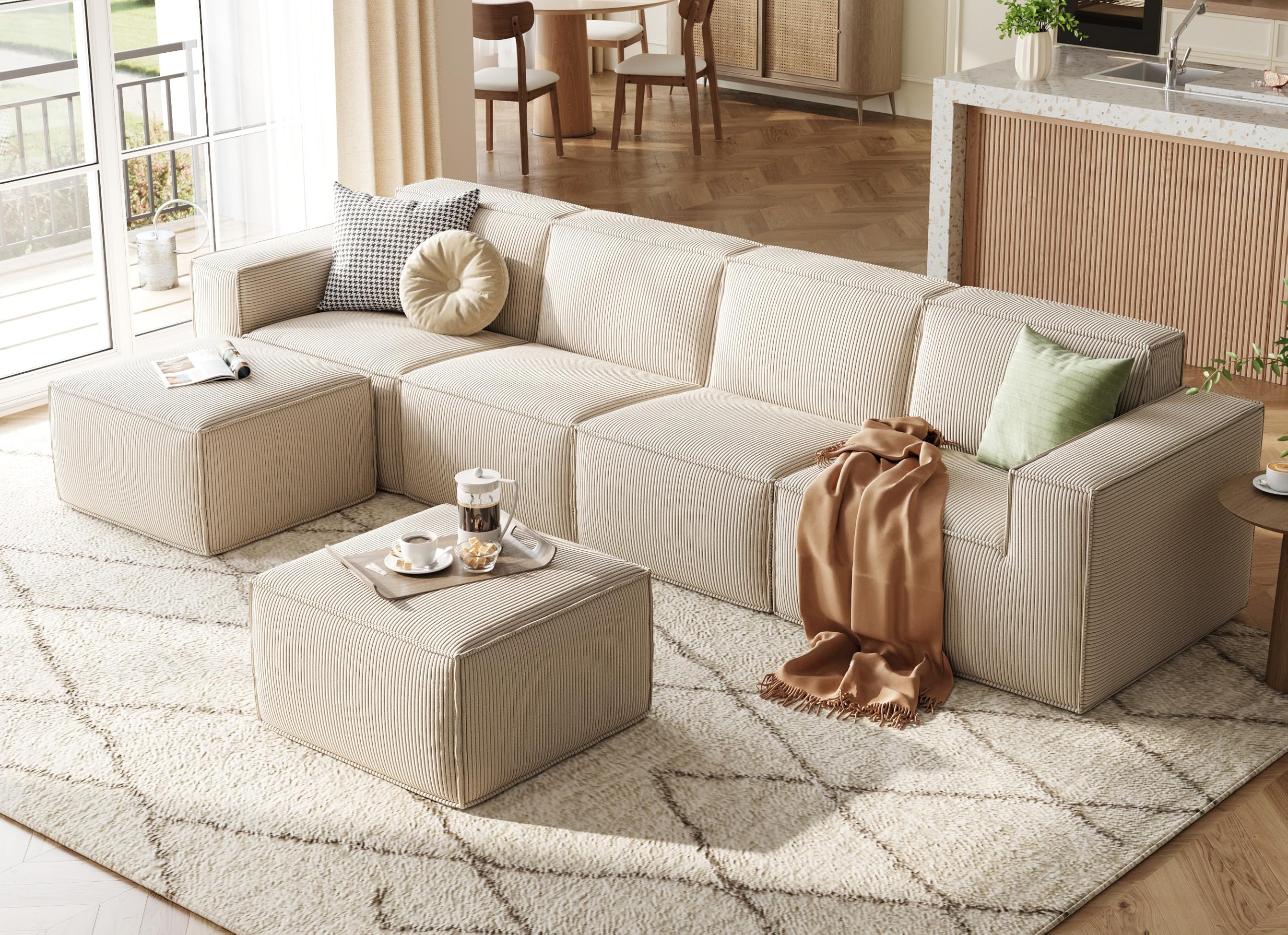 Photo 1 of ***its dirty****LINSY HOME Modular Sectional Sofa, 134" Boneless Couch U Shaped 4-Seat Sofa with 2 Movable Ottomans, Corduroy Sectional Cloud Couches for Living Room, No Assembly Required, Beige