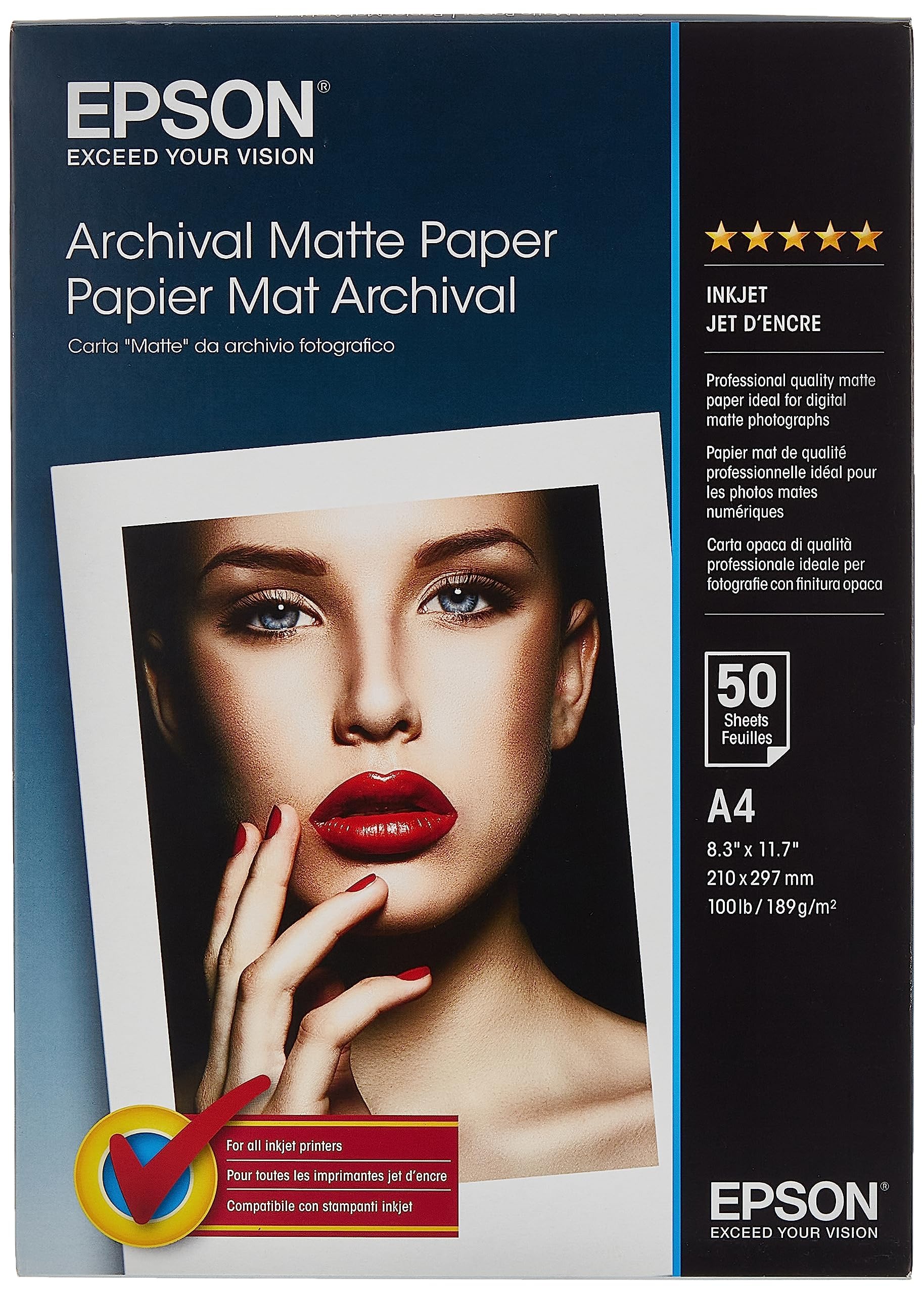 Epson C13S041342 Archival Matte Paper, A4, 210 x 297mm, 189 g/m2, 50 Sheets, White