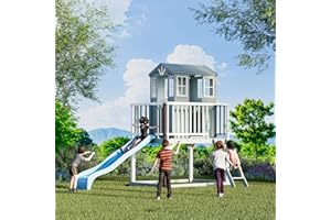 HOMMOW Kids Outdoor Playhouse, Cedar Wooden Outdoor Playhouse with Slide,Growth Chart,Interactive Play Kitchen,Installation Manual and Videos, Blue Grey