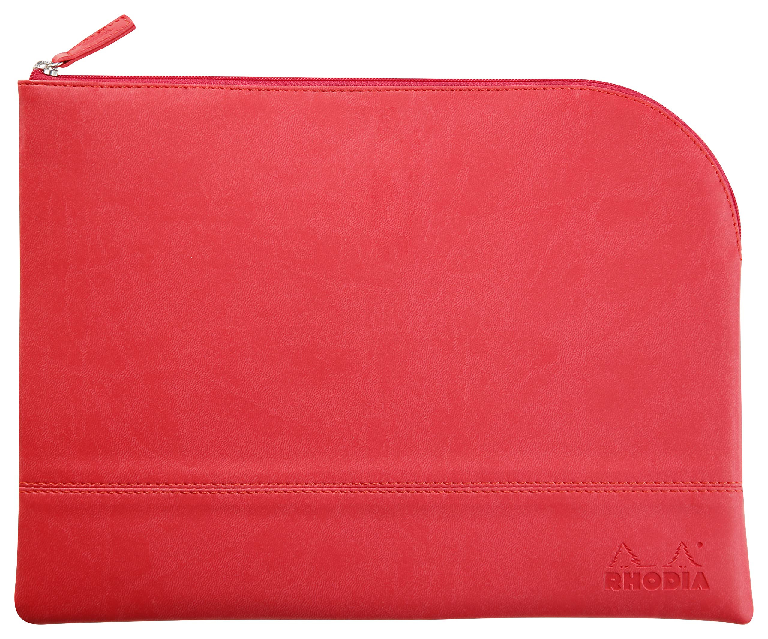 RHODIA 116745C - Faux Leather Zipped Pouch - Coral - Size L (21 x 28 cm) - Genuine Stitching - Orange Fabric Inside - Storage for Documents, Small Supplies