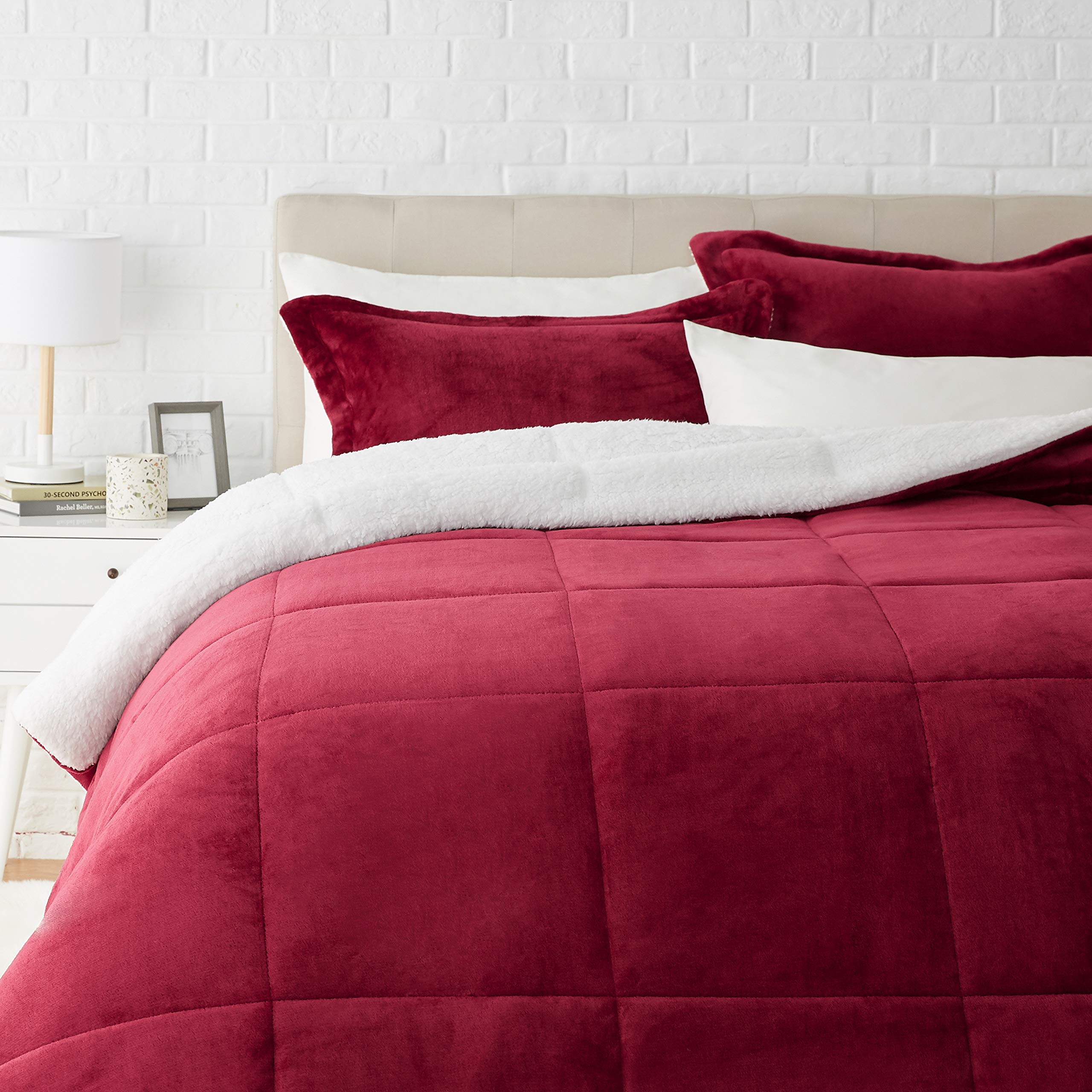 Amazon Basics Ultra Soft Micromink Sherpa Comforter Bed Set Burgundy | amzdealz