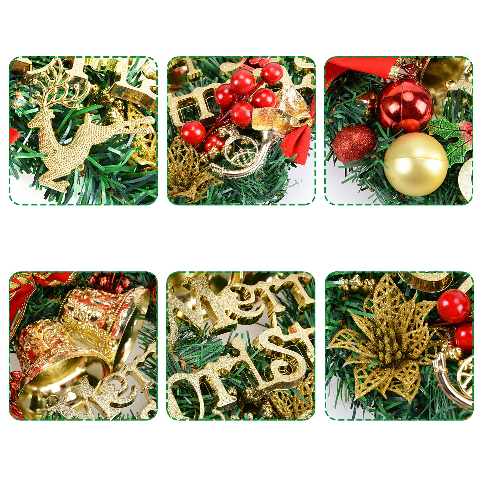 Voilamart Christmas Wreath 30CM/12Inch Artificial Garland with Bells Baubles and Red Bowknot Xmas Decorations for Fireplaces Stairs Wall Door