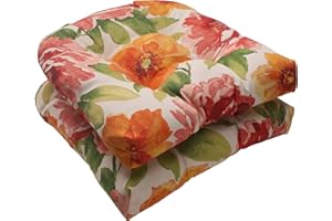 Pillow Perfect Bright Floral Indoor/Outdoor Chair Seat Cushion, Tufted, Weather, and Fade Resistant, 19" x 19", Green/Orange Muree, 2 Count