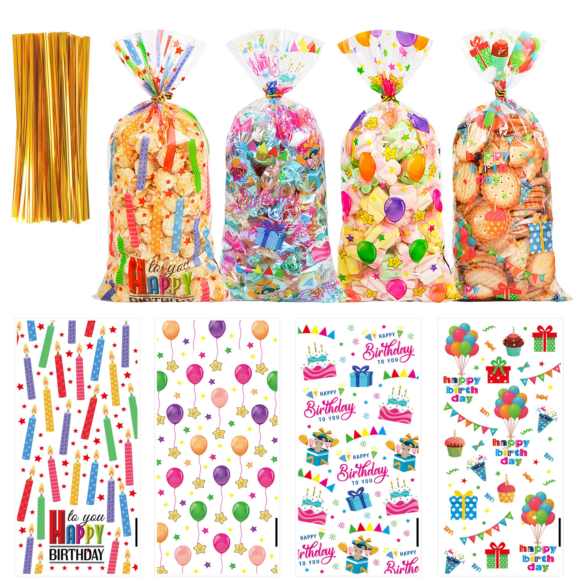 Photo 1 of **MISSING PARTS - 16 Pcs**
50PCS Birthday Clear Cellophane Treat Bags: Clear Goodie Bags with 60 Twist Ties for Kids Birthday Party Favors Wrapping, Packaging Candy Cookies Treat Classroom Return Gifts - 4 Colorful Designs