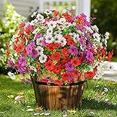 Artificial Spring Flowers Outdoors Faux Plants UV Resistant Plastic Flowers Outdoors Fake Greenery Plants Outside for Garden Porch Planters Silk Flowers Daisy Decor, 12 Bundles (Mix White Red Purple)