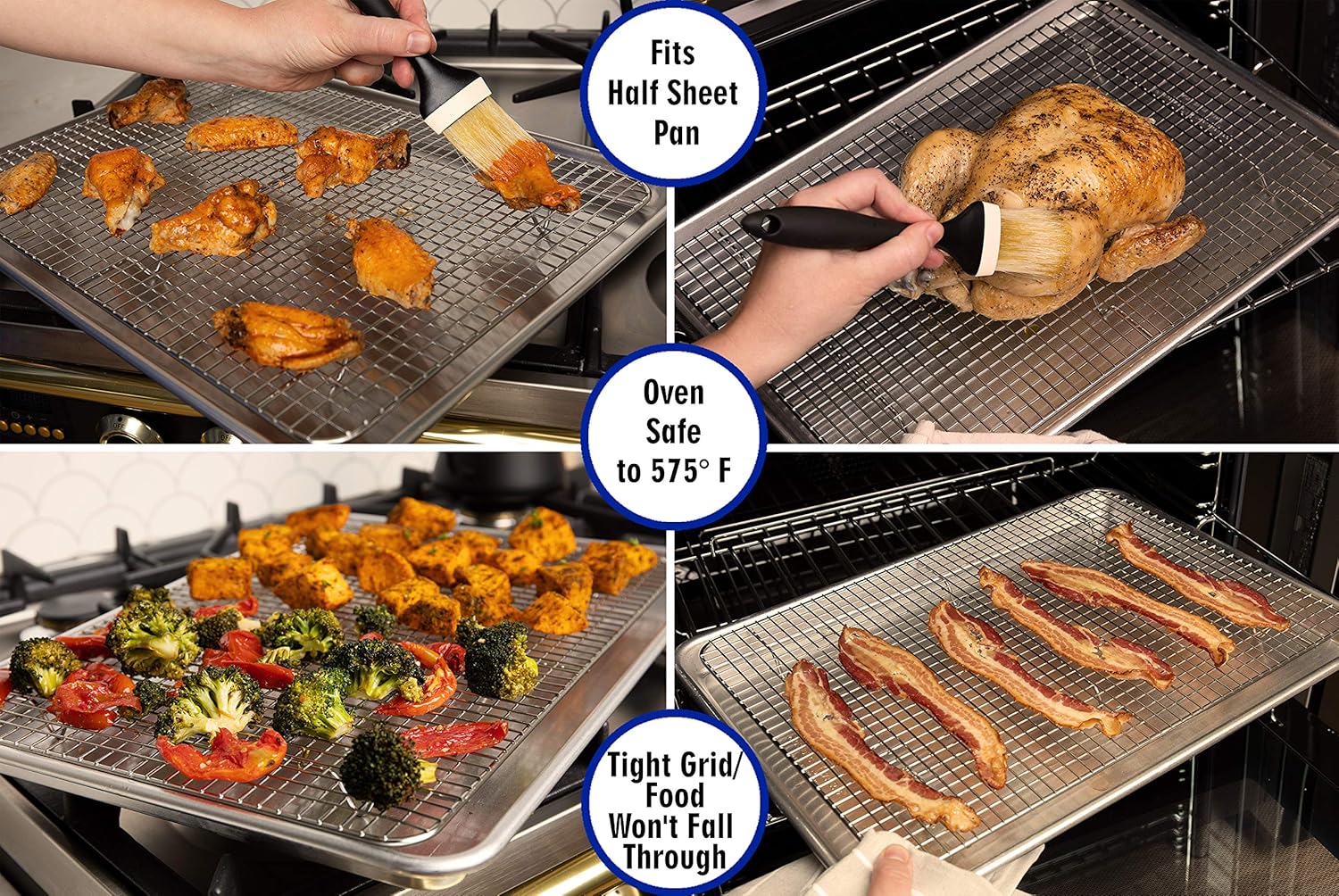 Oven-Safe, Dishwasher-Safe 100% Stainless Steel Wire Cooling Rack for Baking - Large Wire Baking Rack fits Half Sheet Pans - Food-Safe, Heavy Duty - Cooling and Oven Cooking - 11.5 x 16.5-inch: Kitchen & Dining