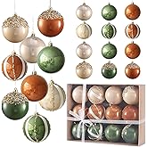 12pcs Christmas Ball Ornament, 3.2” Green Brown Beige Glitter Christmas Hanging Ornaments, Neutral Shatterproof Decorative Baubles for Xmas Tree Decor Holiday Home Decoration Christmas Party Supplies