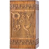 INTAJ Handcarved Rosewood Hummingbird Urn for Human Ashes Adult Male Female - Floral Carving 250 lbs Capacity - Wooden Cremation Urn Box Suitable for Burial Funeral Decorative Memorial Casket