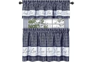 GoodGram Country Gingham Check Live~Laugh~Love 3 Pc. Café Plaid Kitchen Curtain Set - Assorted Colors & Sizes (Navy, 36 in. L)
