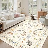 Soalmost Cat 5x7 Area Rugs for Living Room, Washable Animal Soft Rugs Beige | Floral Vintage Rug Non-Slip Low Pile Cute Throw Rugs for Kids Room Kitchen Dining Room Bedroom Nursery Playroom 5'x 7'