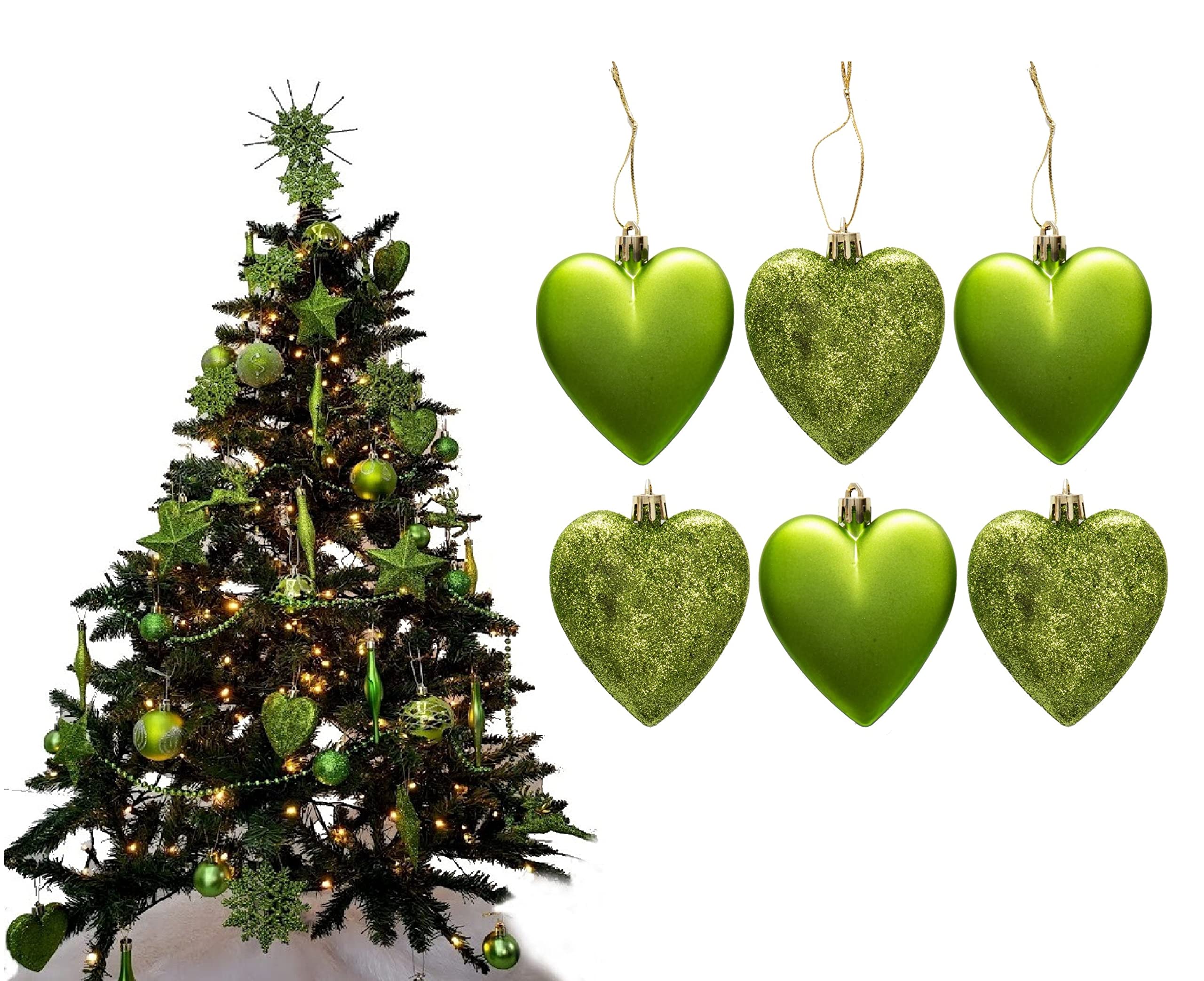 6pc Large Glitter & Matte Heart Baubles - Great Christmas Tree Decorations, Heart Baubles (Lime)