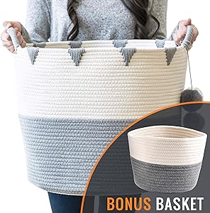 Little Hippo 2pc Large Cotton Rope Basket (17"x15") 100% Natural Cotton! Rope Basket, Woven Storage Basket, Large Basket, Blanket Basket Living Room, Toy Basket, Pillow Basket, Round Basket