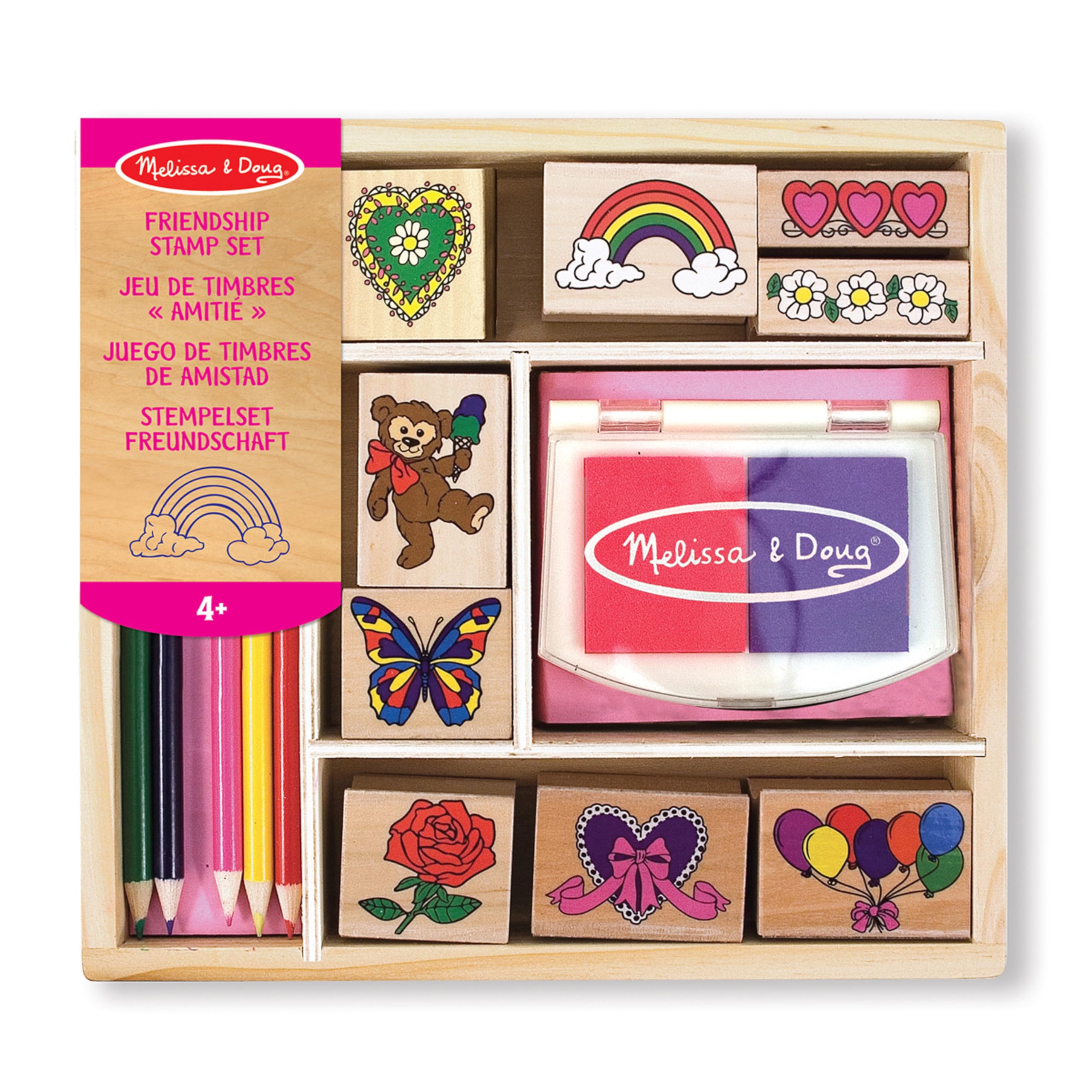 Melissa & Doug Friendship Wooden Stamps | with Dual-Colour Ink Pads, Arts & Crafts Set for Kids | Age 4-6 - FSC Certified