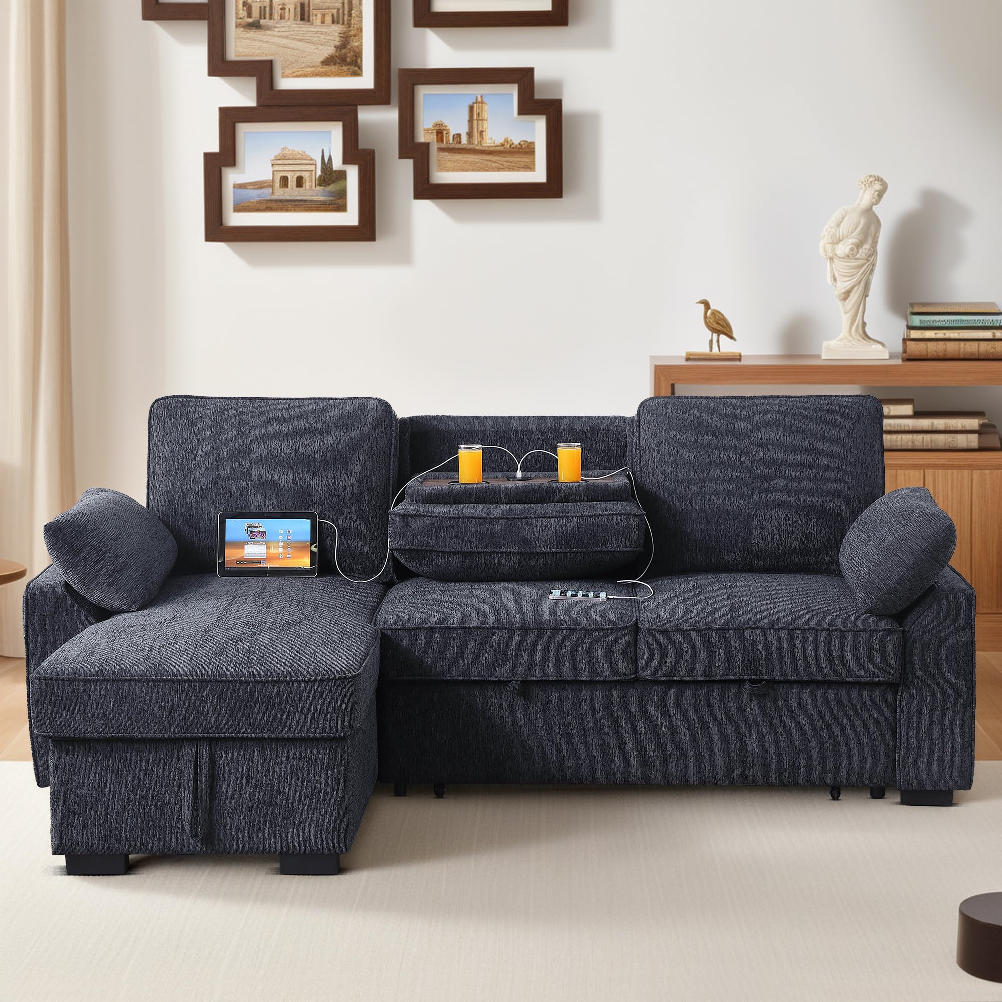 Photo 1 of **SELLING FOR PARTS AS PARTIAL SET. ONE BOX OF THREE**ERYE L-Shaped Pull Out Sleeper Sofa Bed, Modern Chenille Upholstered Button Tufted Corner Reversible Sleeper Sectional Sofa Couch with Storage Chaise, Drop-Down Table, Cup Holders and Charging Ports