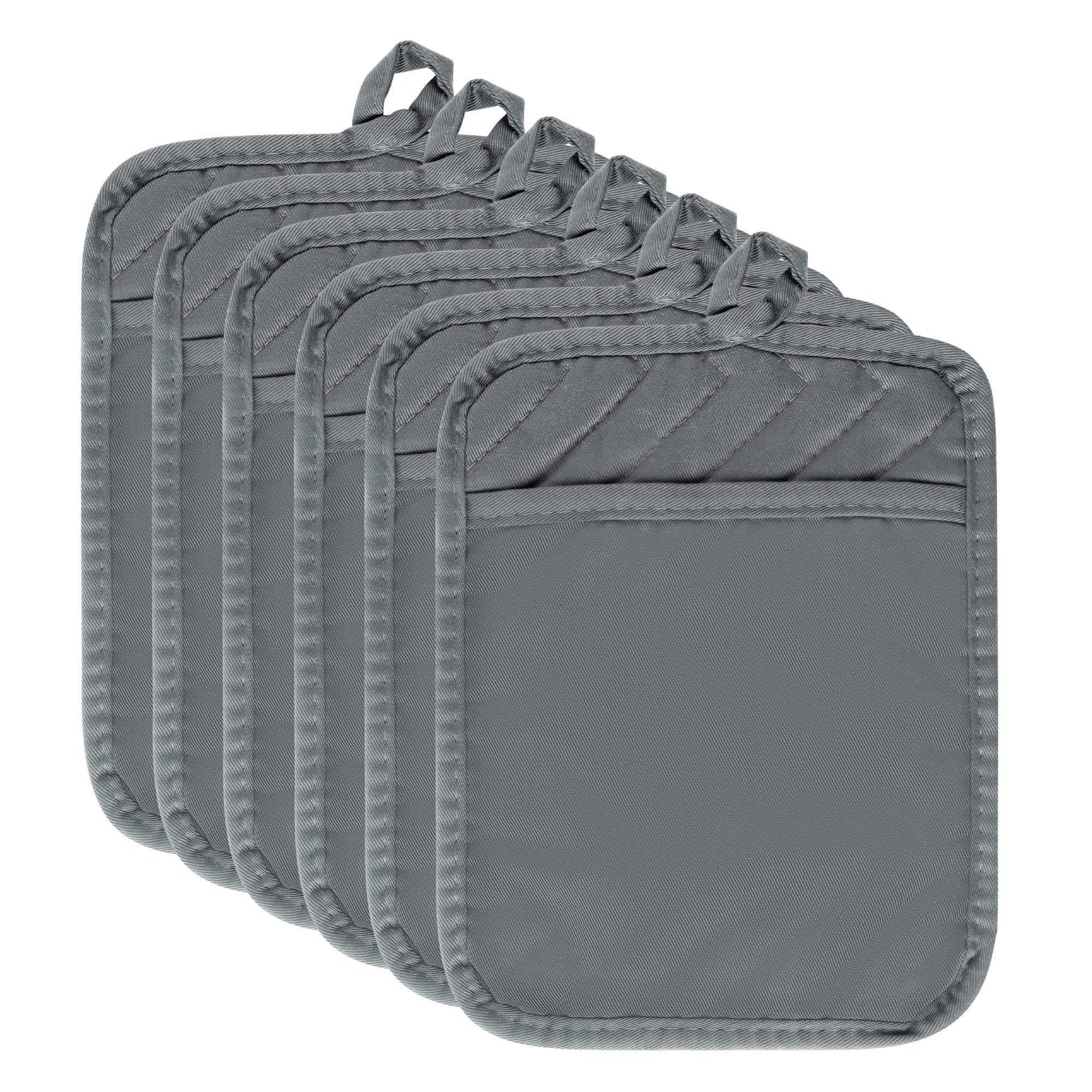 R HORSE 6Pcs Pot Holder with Pocket Grey Cotton Pocket Pot Holder Set for Kitchen Heat Resistant Potholder Terry Cloth Coaster Kitchen Hot Pad Oven Mitts Pads Trivet for Baking Cooking 7''x9''