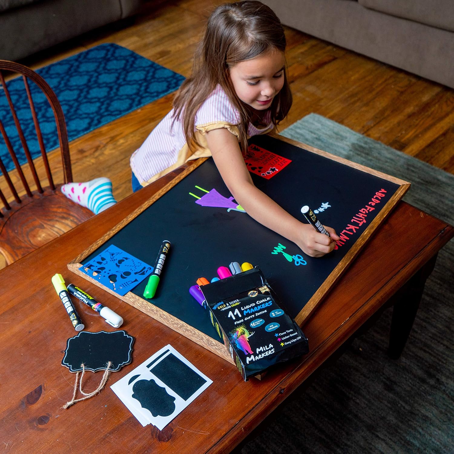 Chalk Markers by Mila Markers, Pack of 11 + A Chalkboard + Christmas Drawing Stencils + 16 Labels, Premium Liquid Chalkboard Neon Pens, Including Gold, Silver and Extra White Ink, 6mm Tips : Office Products
