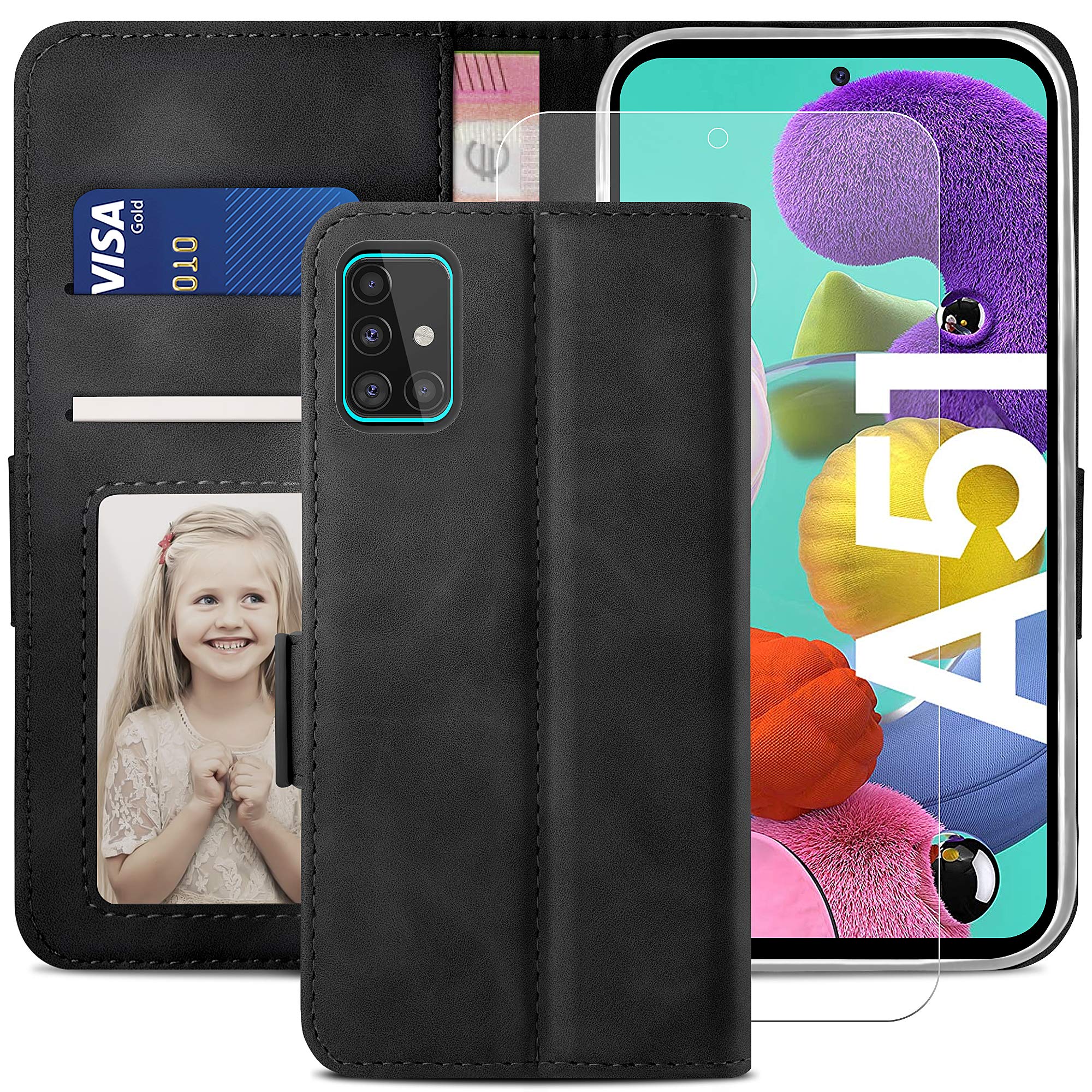 YATWIN Compatible with Samsung Galaxy A51 Case, Flip Wallet Leather Case with Tempered Glass Screen Protector and Card Slot Kickstand Phone Cases Cover for Samsung A51 - Black — image 1