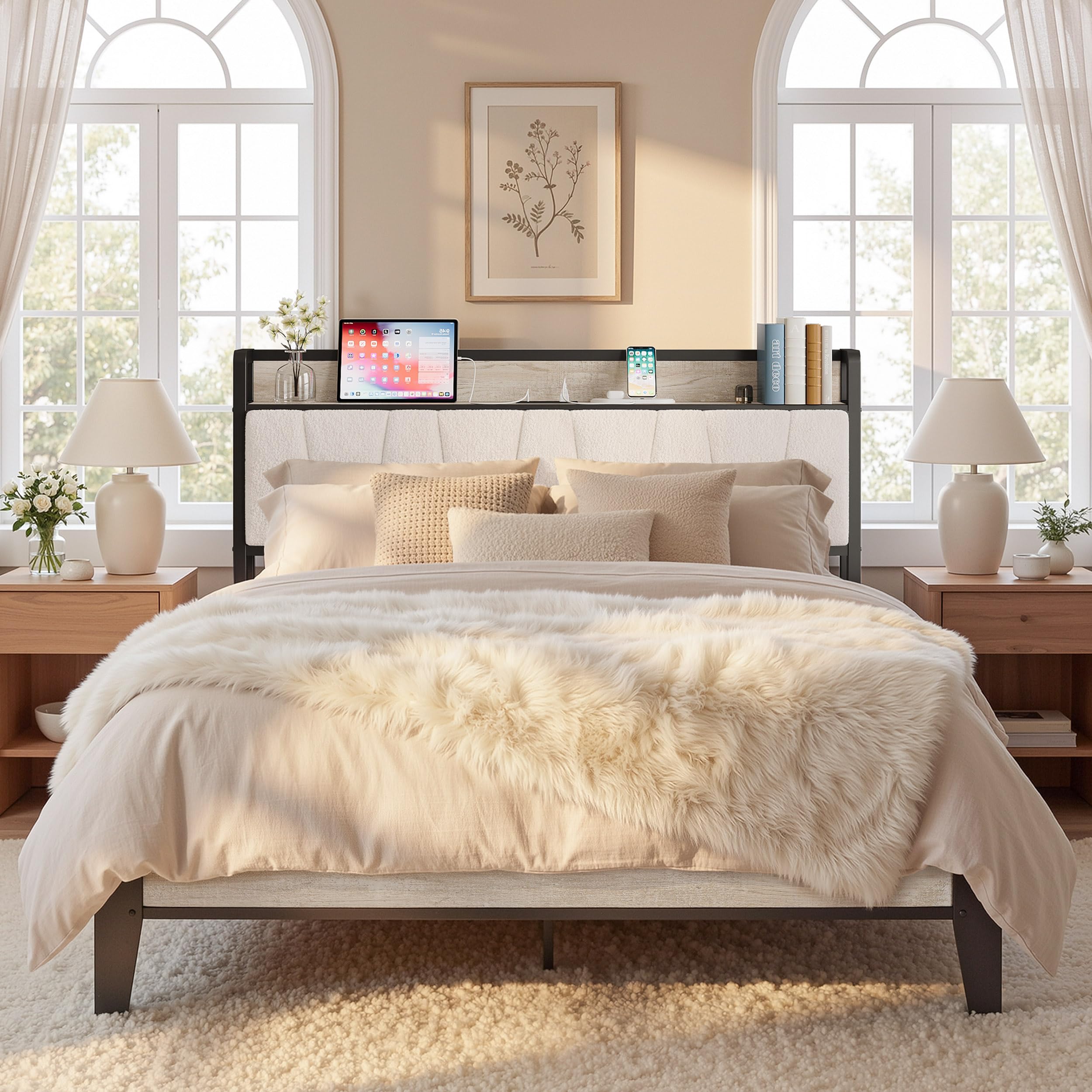 LIKIMIO Queen Bed Frames, Bouclé Storage Headboard with Charging Station, Solid and Stable, Noise Free, No Box Spring Needed, Easy Assembly Image