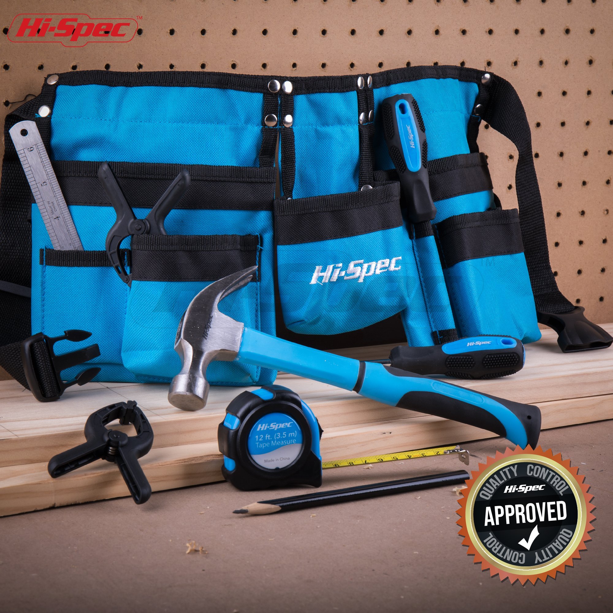 Hi-Spec 12 Piece Young Builder’s Tool Set & Tool Belt with REAL Hand Tools, Accessories, Eye Protection & Tool Pouch (Waists 27”+) for Home DIY, Carpentry and Woodworking Projects (Blue) - Great Gift