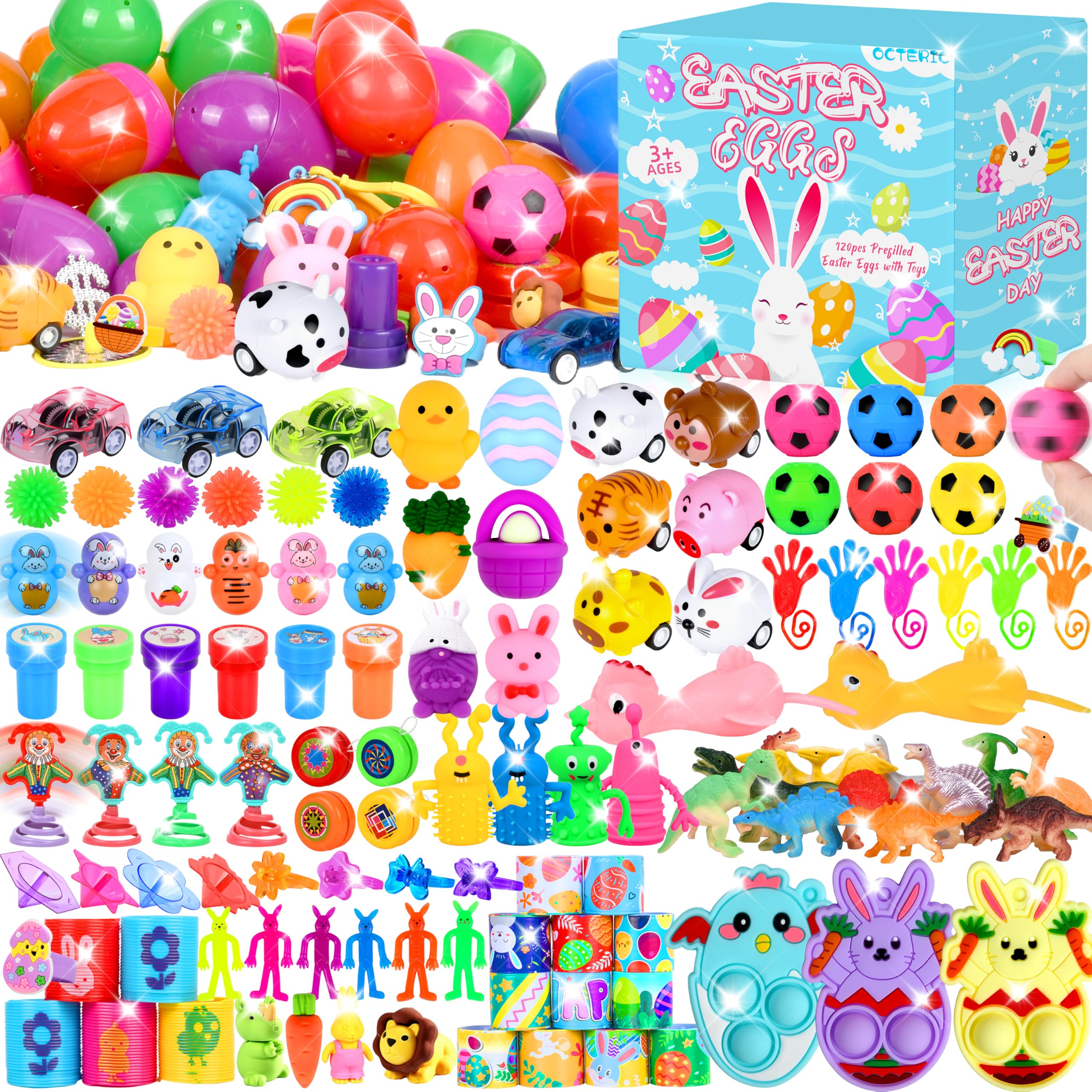 360Pcs Colorful Prefilled Plastic Easter Set, 120 Plactic Eggs Filled with 240 Assorted Party Favors Toys Stickers for Kids Boys Girls Toddlers Easter Eggs Hunt Basket Filler Stuffers Supplies