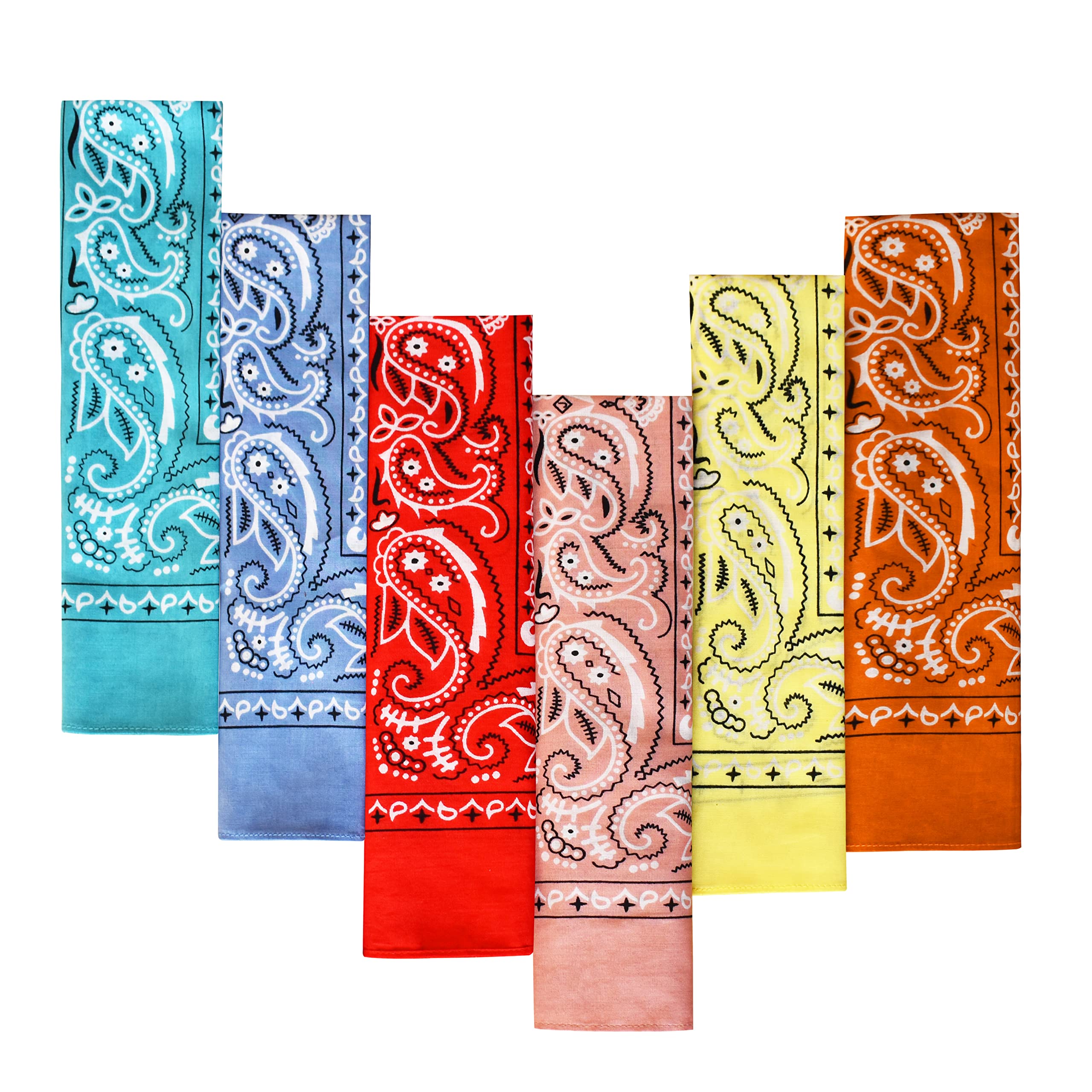 Photo 1 of 6-Pack Large Cotton Bandana for Men and Women - Paisley, 22x22 In, Red/Teal/Light Blue/Pink/Orange/Yellow - Cowboy Head Bandanna Scarf Handkerchief