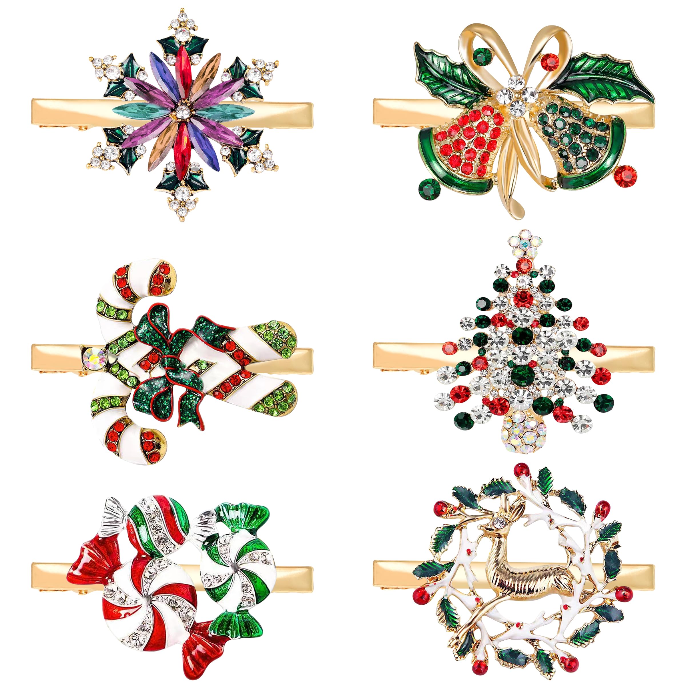 6 PCS Christmas Hair Clips for Women Sparkly Rhinestone Reindeer Wreath Bell Hairpins Xmas Themed Festive Party Hair Accessory Gifts