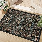 DUKINO 2x3 Entryway Rug, Floral Washable Area Rug with Non Slip Indoor Door Mat, Vintage Low Pile Small Front Door Throw Carpet for Kitchen, Entrance, Bathroom, Bedroom, Black