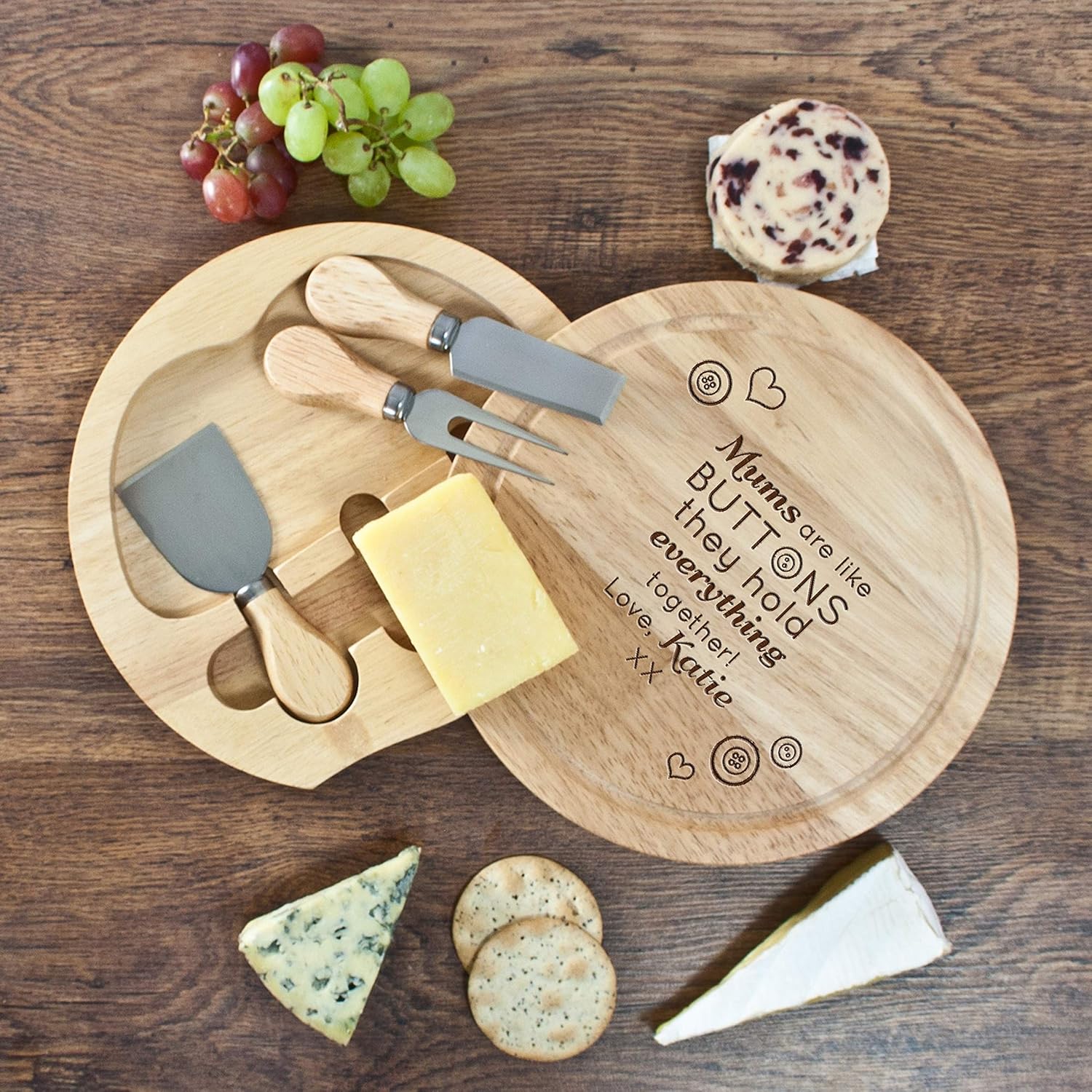 Personalised 'Mums Are Like Buttons' Round Cheese Board and Knife Set