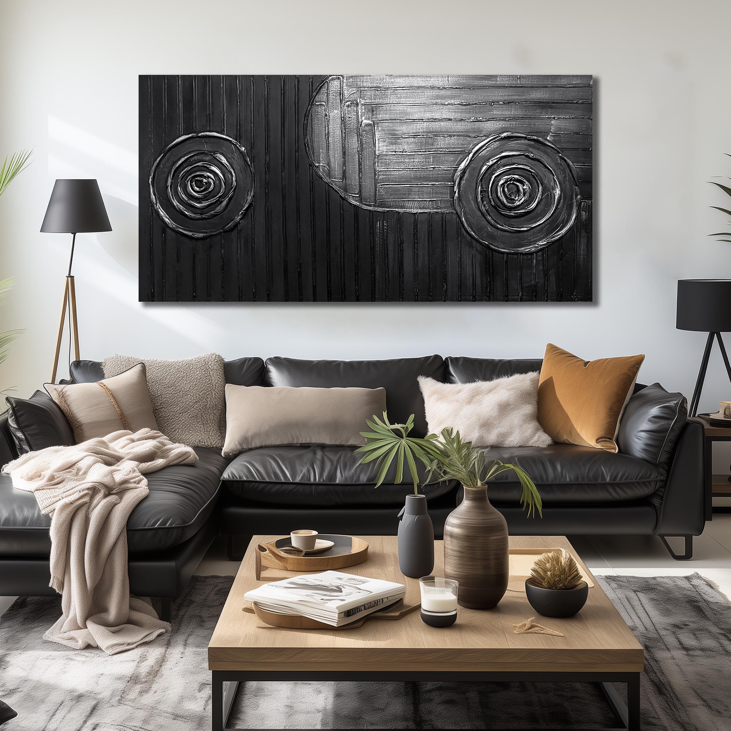 THRLVEART Extra Large Wall Paintings for Hotel Black and Silver Circles