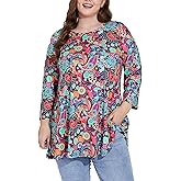 Loveliin Plus Size Tunic Tops for Women 3/4 Sleeve Loose Fit Swing Tunics Dressy Casual Floral Top to Wear with Leggings
