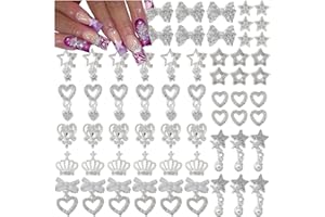 BHCCXZ 60PCS Nail Charms and Gems Sliver Rhinestones for Nails Design，3D Heart Star Crown Bow Y2k Nail Jewels Bulk Nail Art Decor Set