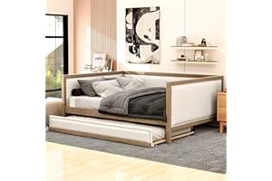JIVOIT Full Size Upholstered Daybed with Twin Size Trundle, Modern Linen Upholstered Daybed Sofa Bed Frame with Nailhead Decoration, Wood Slat Support, No Box Spring Required