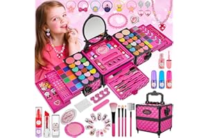 KUOVEI 99 Pcs Kids Makeup Kit for Girls, Princess Toys Real Washable Cosmetics Set with Mirror, Hair Ties, Nails, Rings, Earrings, Necklace, Perfect for 3 4 5 6 7 8 Year Old Girls Birthday