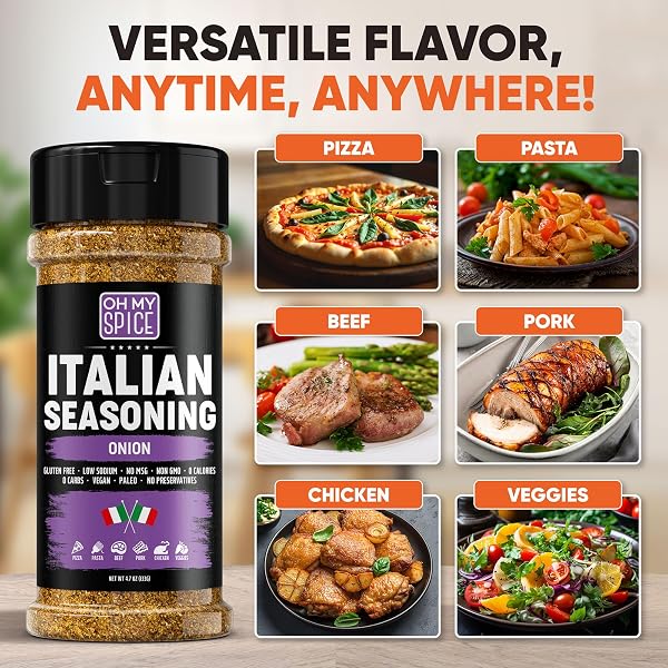 ITALIAN SEASONING BLEND ONION POWDER MIX – GLUTEN FREE & LOW SODIUM PIZZA SEASONING FOR BRUSCHETTA & SPAGHETTI. MEDITERRANEAN SWEET ONION HERBS FOR ITALIAN FOOD. SAUSAGE & PIZZA TOPPINGS SPICES. 4.7OZ
