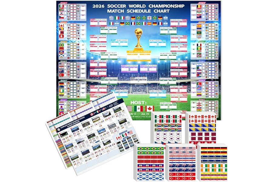 2026 World Soccer Tournament Extra Large Schedule Poster Set (3-Pack) – 43"x32" Wall Chart Calendar with 48 Team Flag Sticker