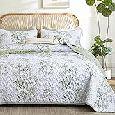 WONGS BEDDING Green Floral Quilt Set Queen,Botanical Leaf & Butterfly Pattern Quilts Bedspread Coverlet Set,Soft Beautiful Farmhouse Plants Quilts Bedding Set