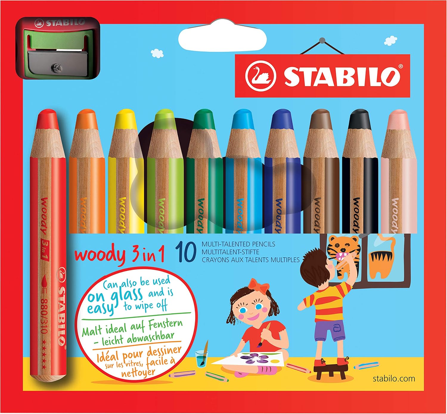 Stabilo Woody 3-in-1 Colouring Pencil, Watercolour and Wax Crayon 10 + 2 Pack with Sharpener with 10 Colours + Gold and Silver - Image 3