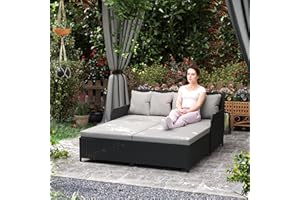 Outsunny Rattan Outdoor Daybed, 2-Person Sunbed Patio Sofa with Soft Cushions, 4 Pillows, Curved Backrest & Armrest, Double S