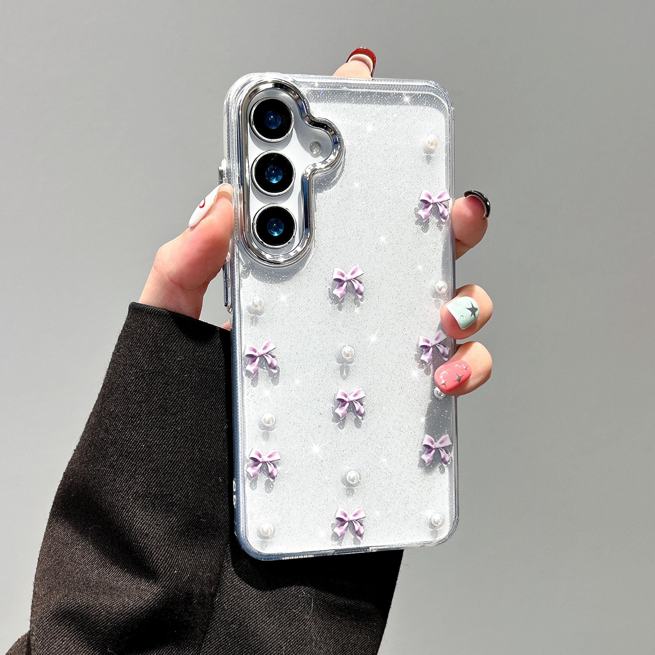 EYZUTAK Case for Samsung Galaxy A16 4G/5G, Bling Glitter 3D Bowknot Phone Case Cute Sparkly Crystal Clear Bow Aesthetic Design Slim Soft Durable TPU Transparent Protective Cover for Women - Purple Bow
