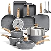 MAISON ARTS 17 Piece Pots and Pans Set Non Stick, Kitchen Cookware Sets with Nonstick Granite Stone Coating, Suitable for Induction Cooktops, Grey