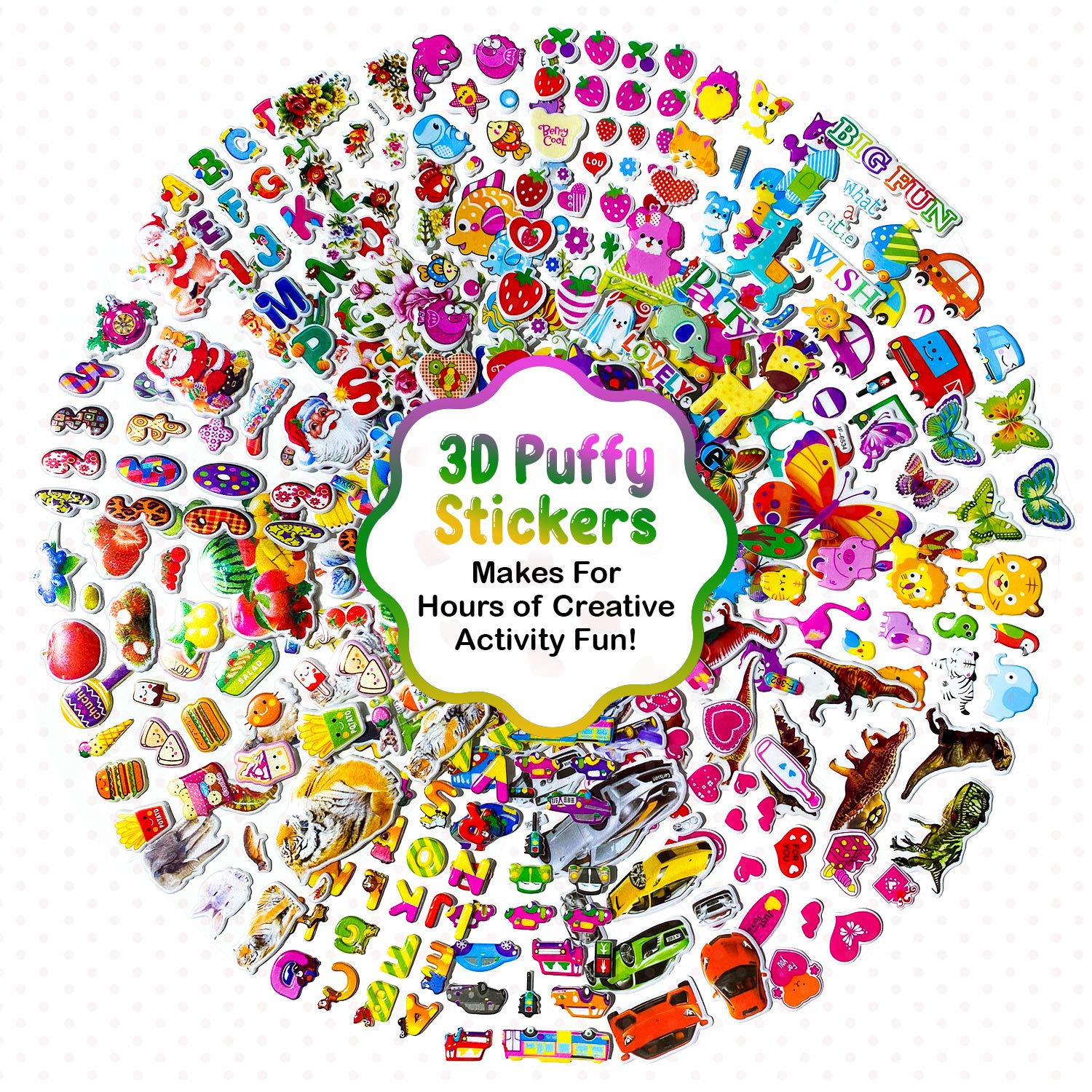 Tulula Kids Stickers: 550+ Puffy, 3D, Multicolor Animal & Alphabet Stickers for Boys & Girls, Ages 2-12, Safe for Skin, Paper, Plastic, Metal; Reusable, Indoor Use