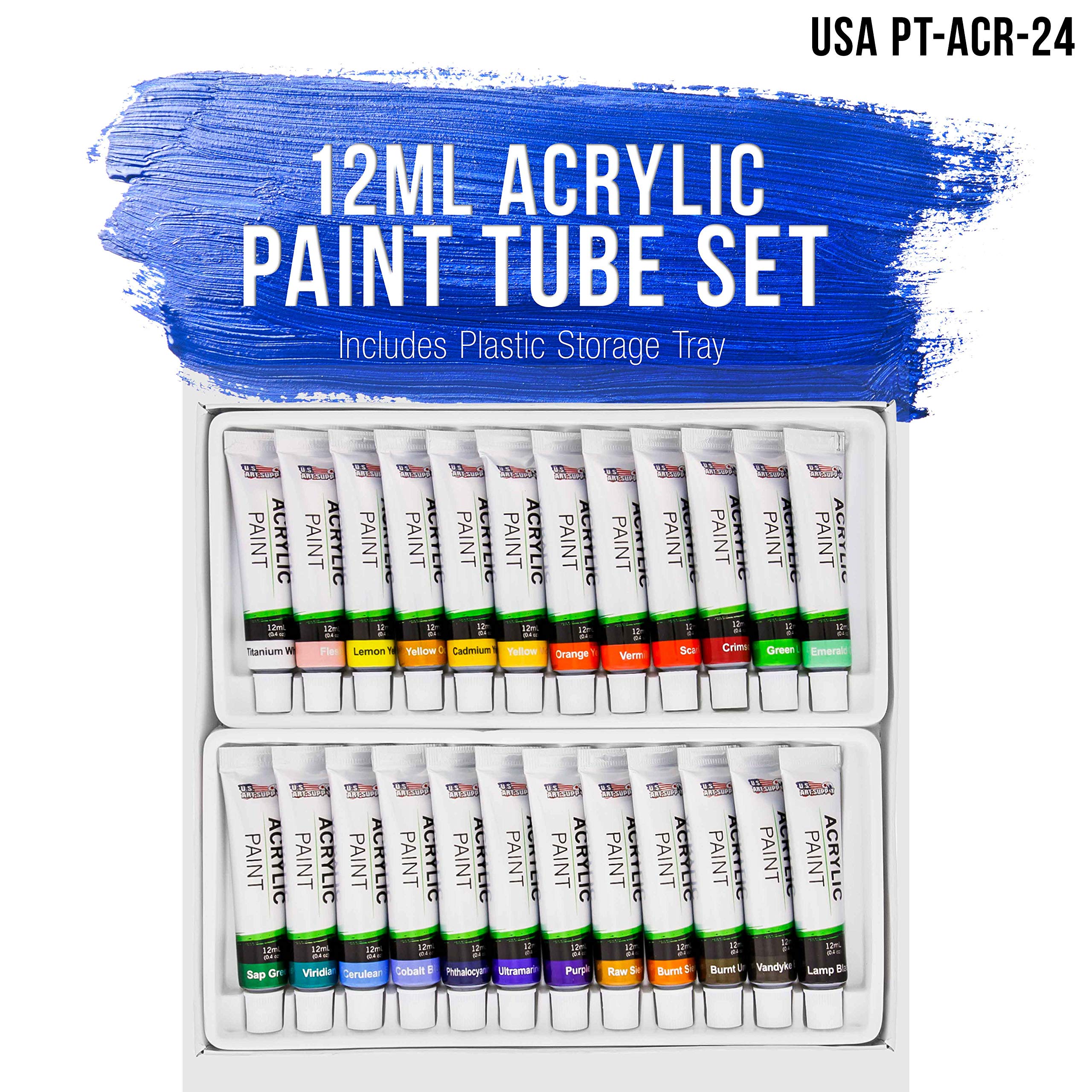 Professional 24 Color Set of Acrylic Paint in 12ml Tubes - Rich Vivid Colors for Artists, Students, Beginners - Canvas Portrait Paintings - Color Mixing Wheel
