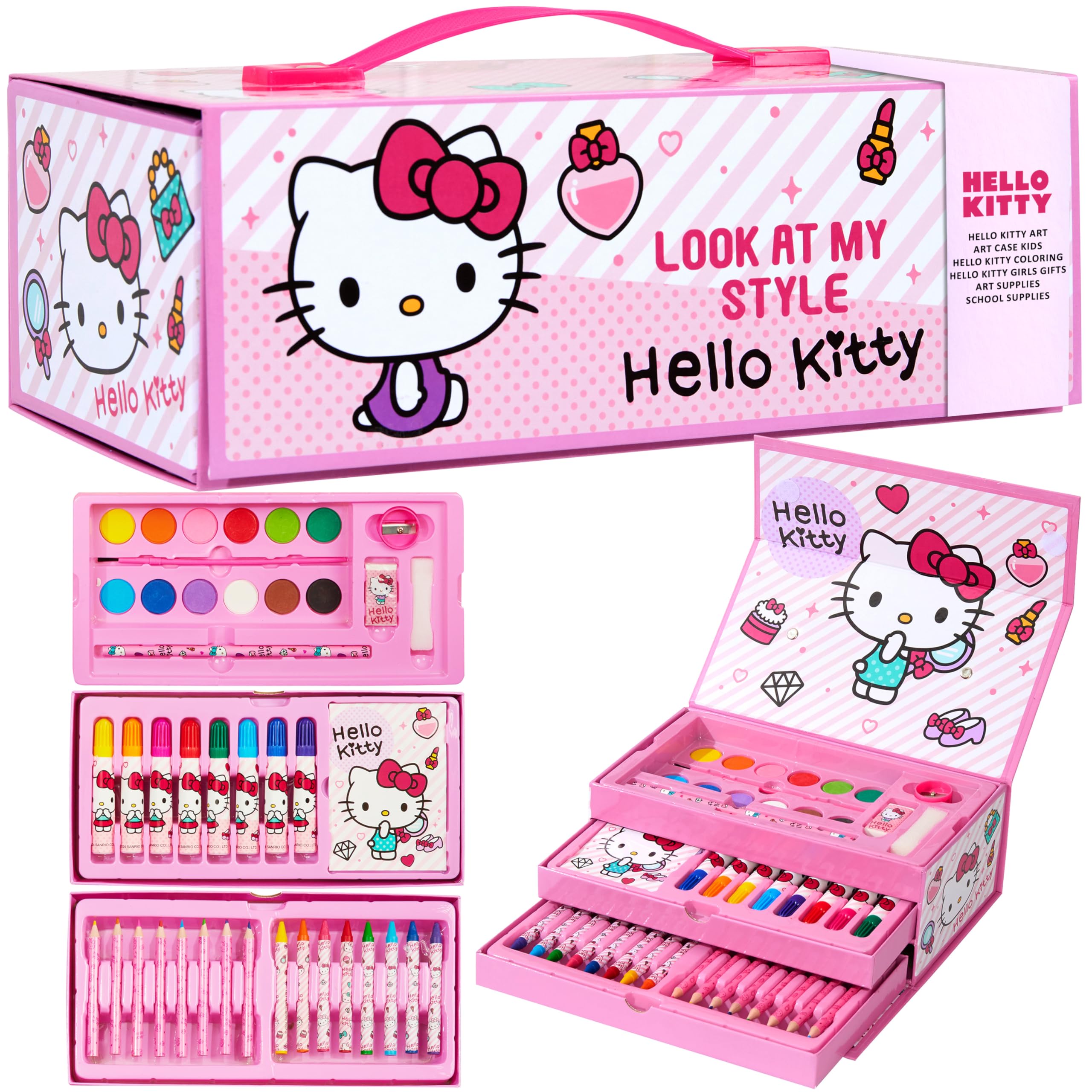 Hello Kitty Painting Art Set for Kids, Drawing Colouring Anime Stationery Art Supplies in Travel Carry Case, Kawaii Gifts for Girls (Pink Hello Kitty 3 Tier)