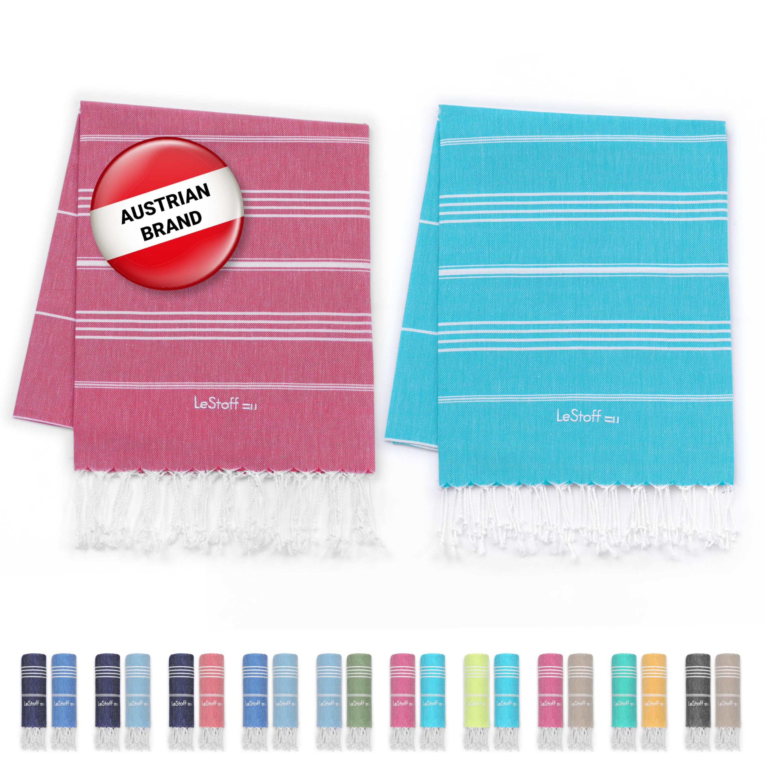 LeStoff Premium Hammam Towel (Set of 2) – 100% Organic Cotton - Pre-washed Sustainable Absorbent & Quick-Drying - Beach, Bath, Shower, Yoga, Spa & Travel Towel (95 x 180 cm, Fuchsia - Aqua)