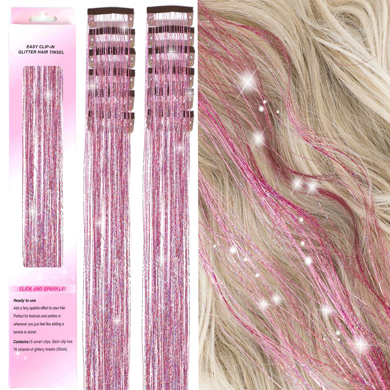 PORSMEER 12Pcs Clip in Hair Tinsel Kit,Colorful Pink Glitter Heat Resistant Fairy Tinsel Extensions with Clips,Sparkling Shiny Hair Accessories 20 Inch for Women — image 1