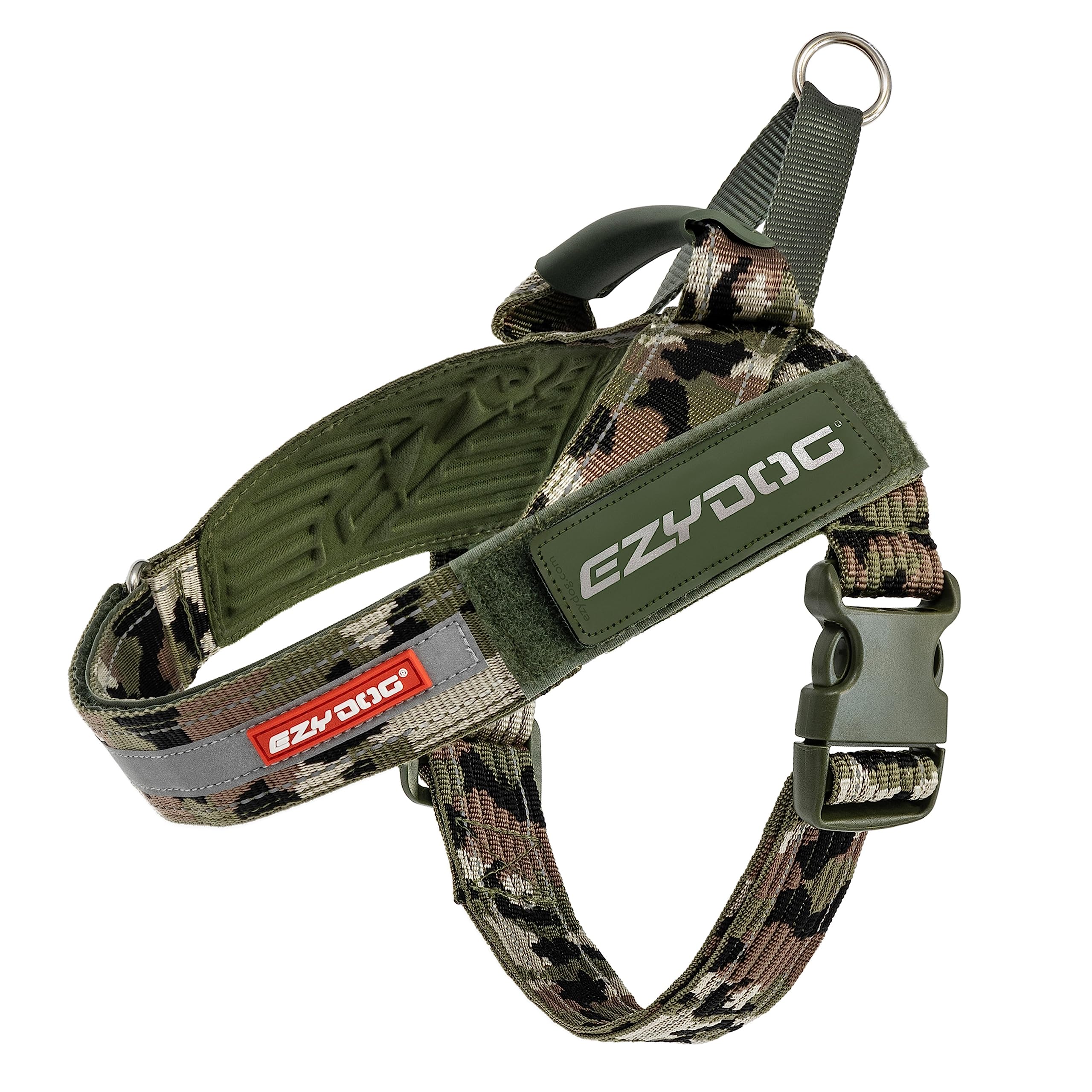 EzyDog Express Dog Harness | Dog Harness for Small, Medium and Large Dogs, Angled Ergonomic Design, Moulded Grip Handle, Easy Release Side Buckle (M, Camo)