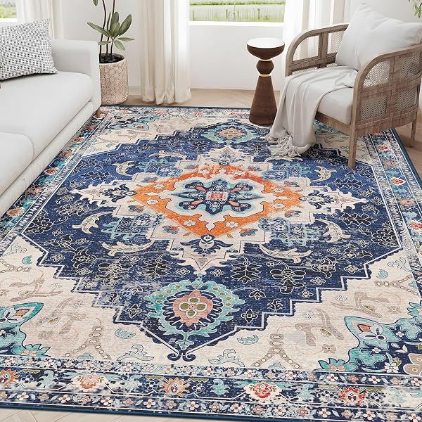 YESRUG 5X7 AREA RUGS BLUE BOHO RUGS FOR LIVING ROOM WASHABLE VINTAGE RUG NON-SLIP LARGE RUG FOR BEDROOM DINING ROOM LOW PILE INDOOR DISTRESSED THIN CARPET