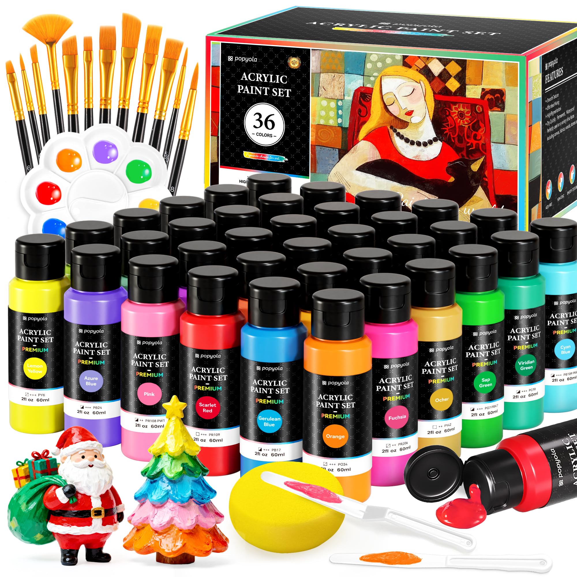 Photo 1 of 52 PCS Acrylic Paint Set with 12 Brushes, 2 Knives & Palette, 36 Colors (2oz/60ml) Art Craft Paint for Adults Kids Artists Beginners, Halloween Pumpkin Canvas Ceramic Rock Painting Kit